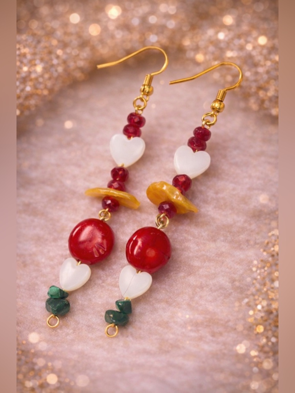 NWT Artisan Valentine Earrings 🤍 Garnet Malachite MOP Hearts Yellow Coin Pearl
